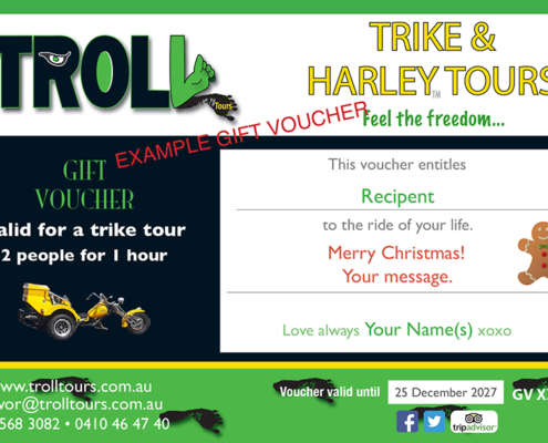 Troll Tours gift voucher on a trike