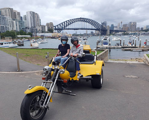 Passenger with cerebral palsy trike tour. Sydney Australia