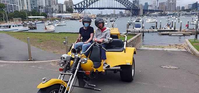 Passenger with cerebral palsy trike tour. Sydney Australia