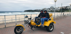 Harley trike tour present in Sydney, Australia. This photo was taken at Bondi Beach.