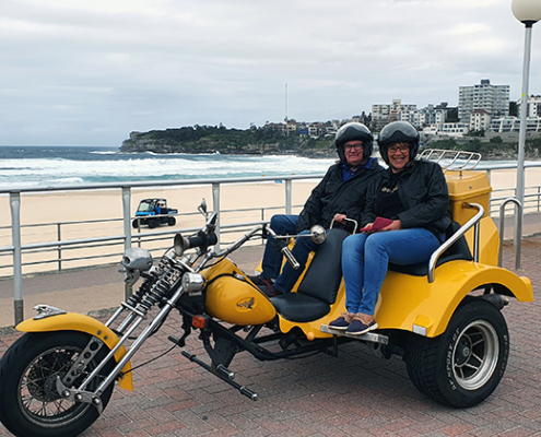 Harley trike tour present in Sydney, Australia. This photo was taken at Bondi Beach.