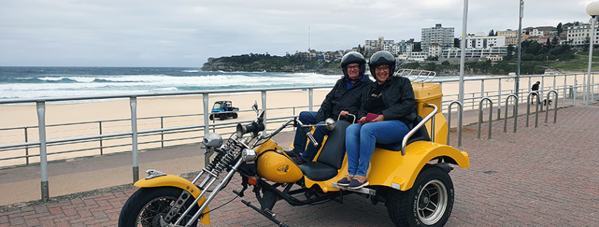 Harley trike tour present in Sydney, Australia. This photo was taken at Bondi Beach.