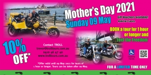 Celebrate with 10% off all our tours, 1 hour or longer. Mother's Day in Australia is on 09 May 2021 which is when the offer ends.
