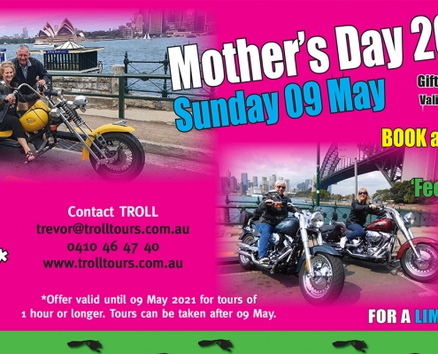 Celebrate with 10% off all our tours, 1 hour or longer. Mother's Day in Australia is on 09 May 2021 which is when the offer ends.