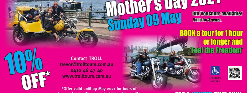 Celebrate with 10% off all our tours, 1 hour or longer. Mother's Day in Australia is on 09 May 2021 which is when the offer ends.