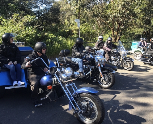 A Harley and trike transfer from the zoo to Manly Wharf. Sydney Australia
