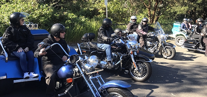 A Harley and trike transfer from the zoo to Manly Wharf. Sydney Australia