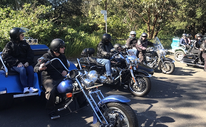 A Harley and trike transfer from the zoo to Manly Wharf. Sydney Australia