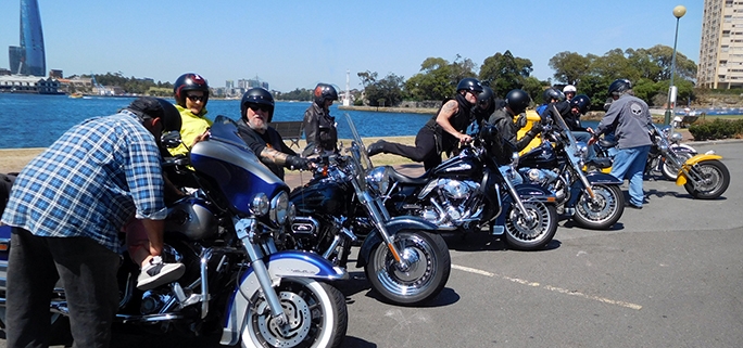 The group Harleys and trike are from Switzerland. They loved their tour around Sydney.