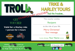 Our Harley & Trike Christmas Vouchers are the perfect present for a spin around Sydney.