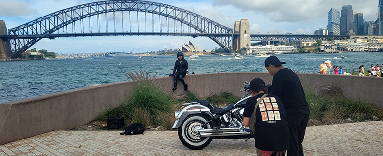 Our Harley was used as a music video prop. The view is fantastic over Sydney Harbour to the icons.